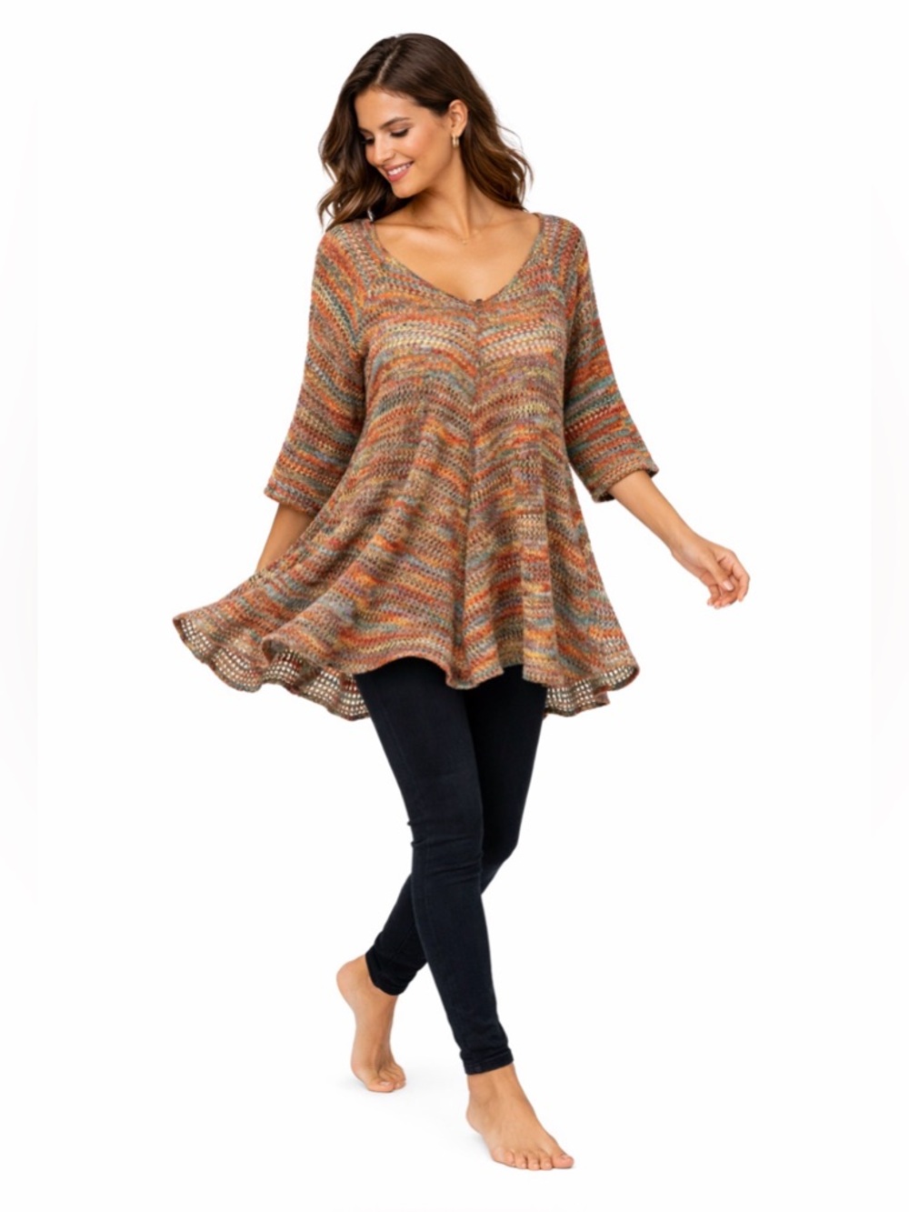 Flowy Multicolor Crochet Boho Tunic Sweater V‑Neck A‑Line Knit Top M festival